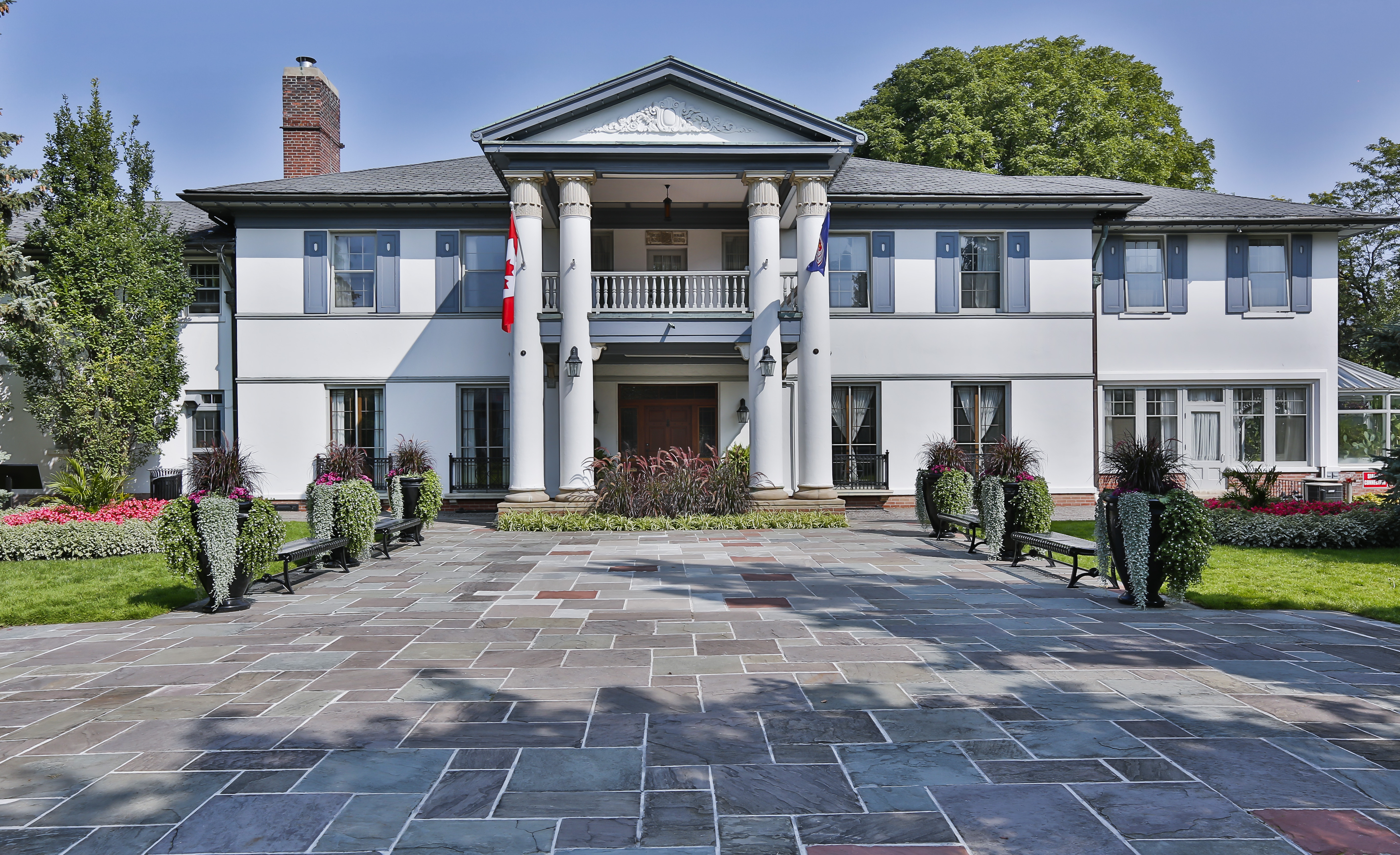 View of the stone courtyard in front of the Heintzman House.