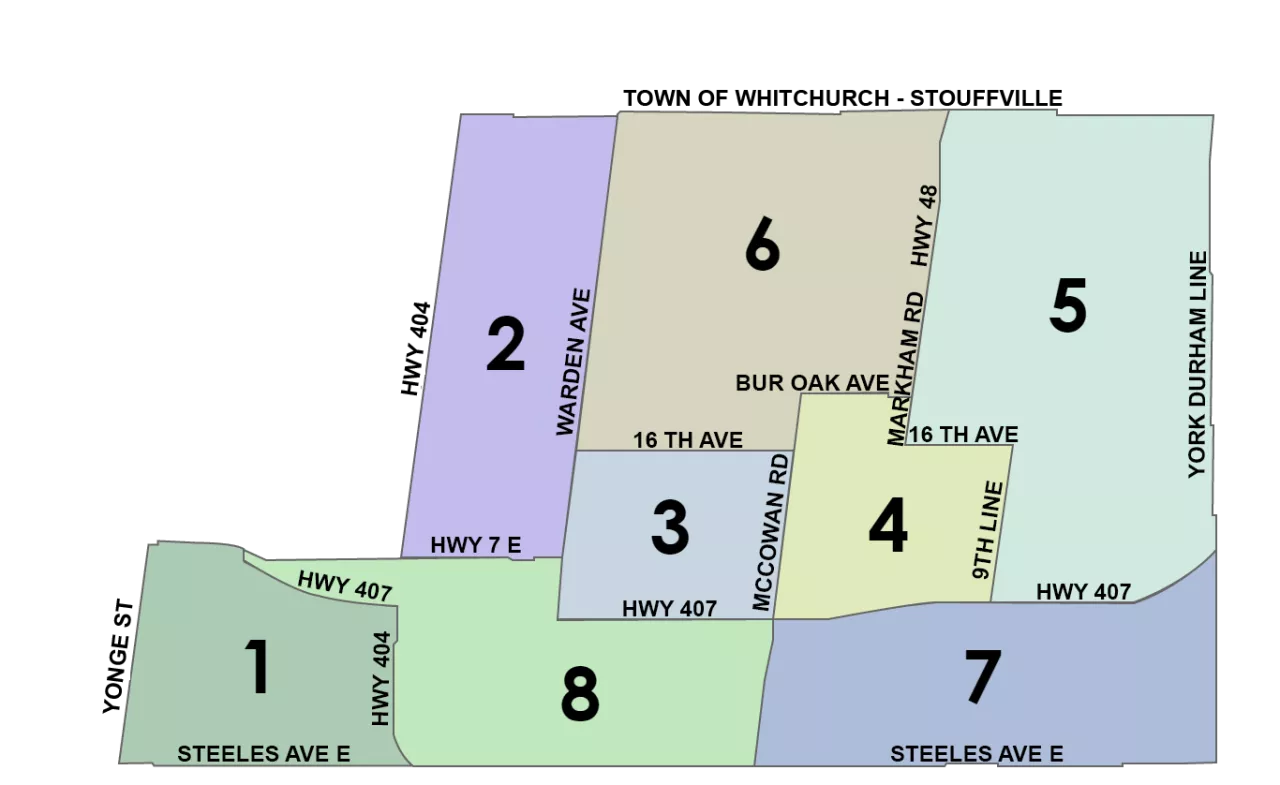 City of Markham Ward Map indicating each Ward 1 through 8 with large black numbers. Each Ward is represented in different colours.