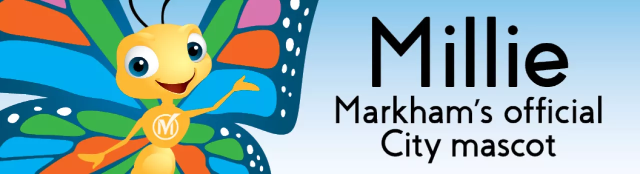 Millie mascot. Text reads "Millie, Markham's official City mascot."
