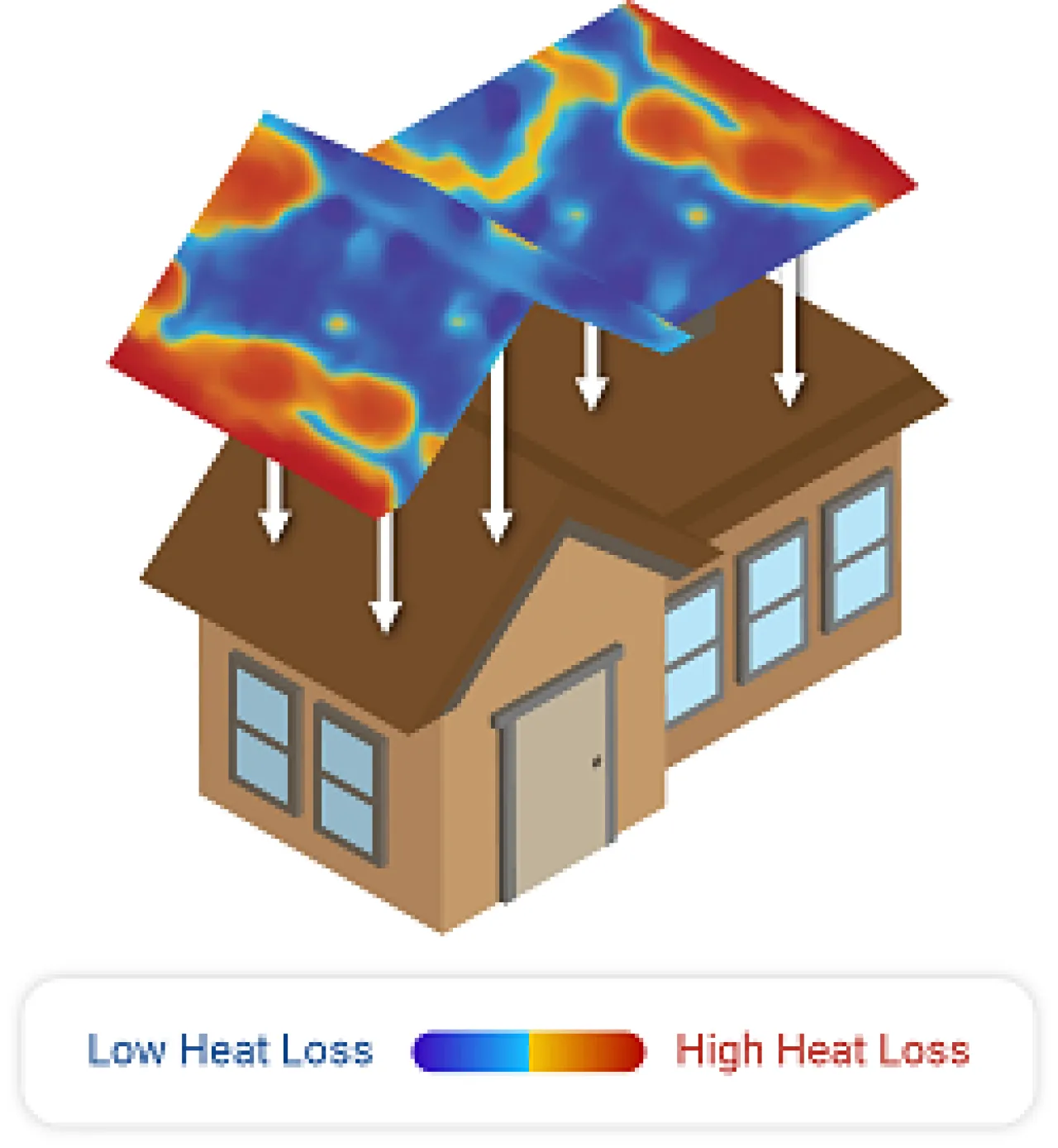 Image of a house and its heat map and a color scale with blue color depicting less heat loss and red color depicting more heat loss