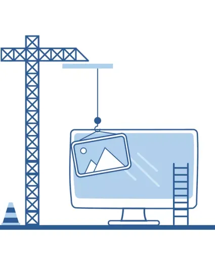 Illustration of a construction site building a computer monitor.