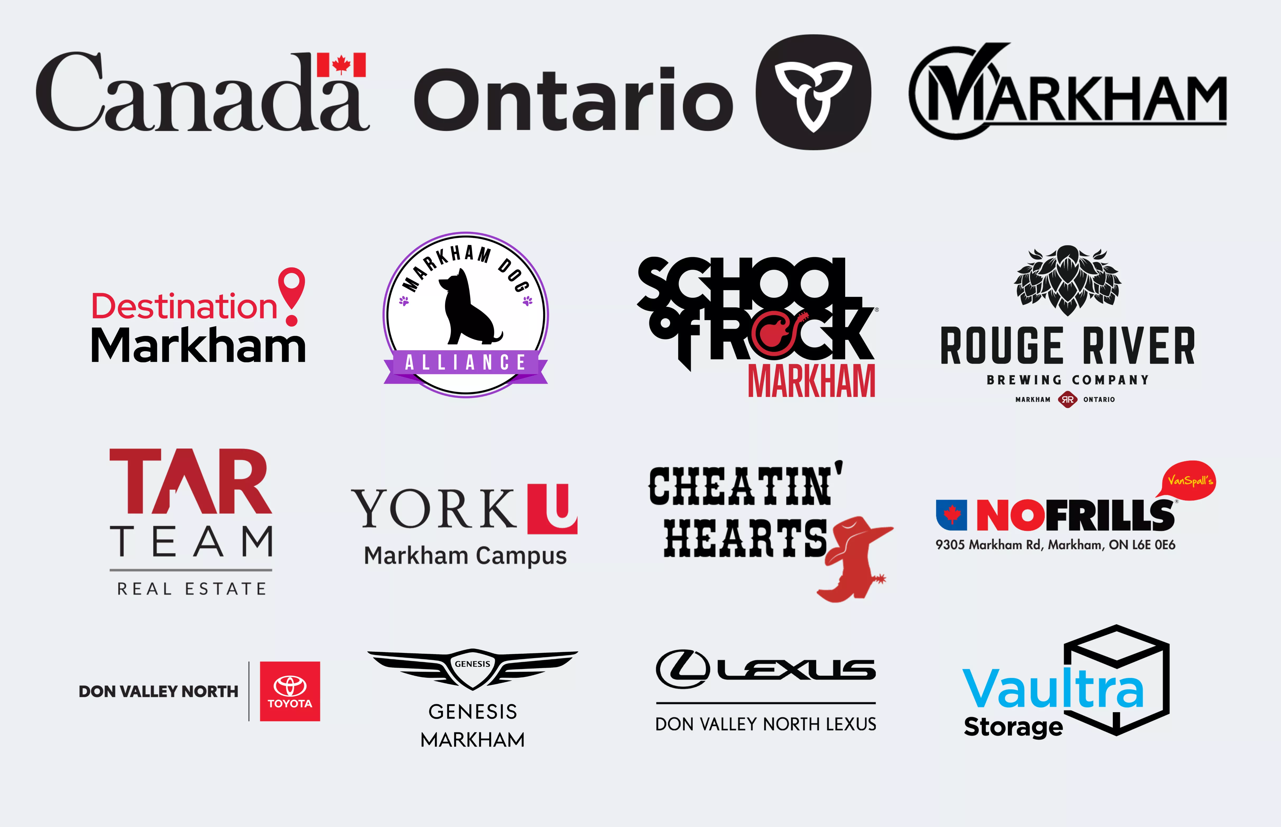 Markham Museum 2025 partners: (Left to Right) Government of Canada, Government of Ontario, City of Markham, Destination Markham, Markham Dog Alliance, School of Rock Markham, Rouge River Brewing Company, Tar Team Real Estate, York University Markham Campus, Cheatin' Hearts, VanSpall's No Frills, Don Valley North Toyota, Genesis Markham, Don Valley North Lexus and Vaultra Storage.