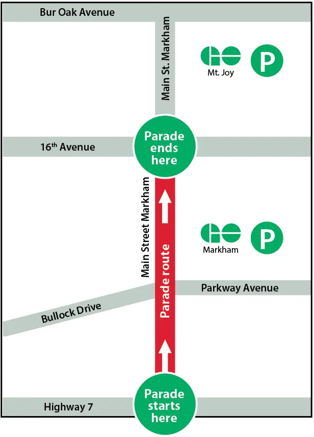 Map showing that Markham’s Santa Claus parade runs along Main Street Markham from Highway 7 to 16th Avenue