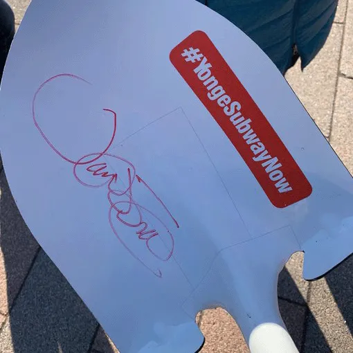 Prime Minister Justin Trudeau signs shovel signaling support of the federal government to build the Yonge North Subway Extension - 2021