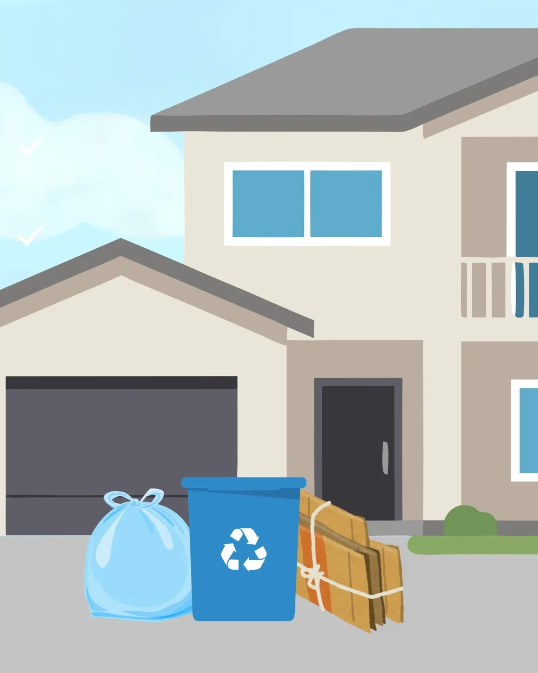 Recycling in a blue box, materials are also in a bag and cardboard is flattened and tied up. 