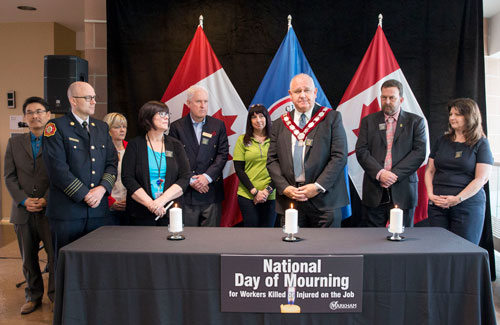From left to right: Councillor Alan Ho, Deputy Chief Adam Grant, Councillor Karen Rea, City Solicitor Catherine Conrad, Councillor Don Hamilton, Johanna LeRoux, Mayor Frank Scarpitti, CUPE Local 905 Markham Unit Chairperson Dave Davies, Senior Health and Safety Specialist Nancy Myles.